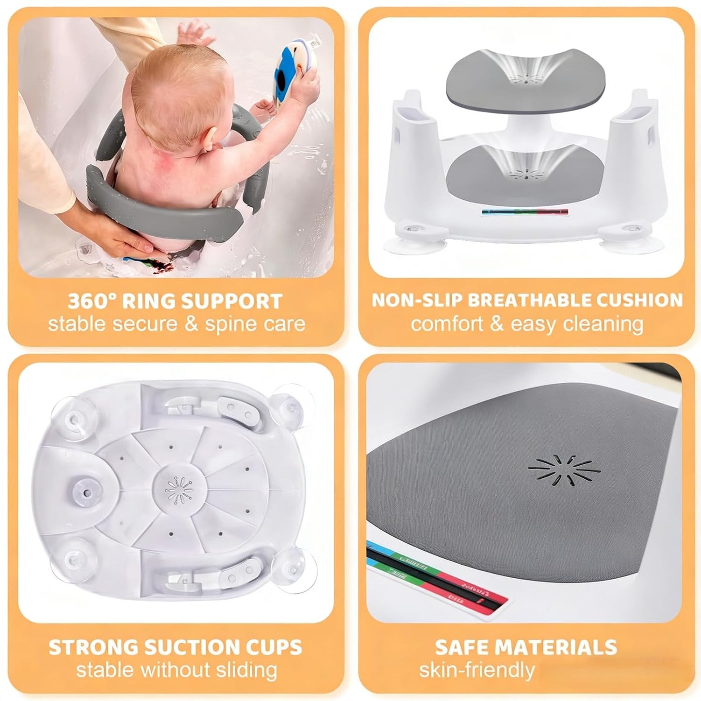 Baby Bath Seat for Babies 6 Months & Up Sitting Up,Infant Bath Seat with Temperature Alert+Open Backrest+on/Off Armrest,Toddler Bath seat Baby Bath Chair for Bathtub,Tub,Sink Grey