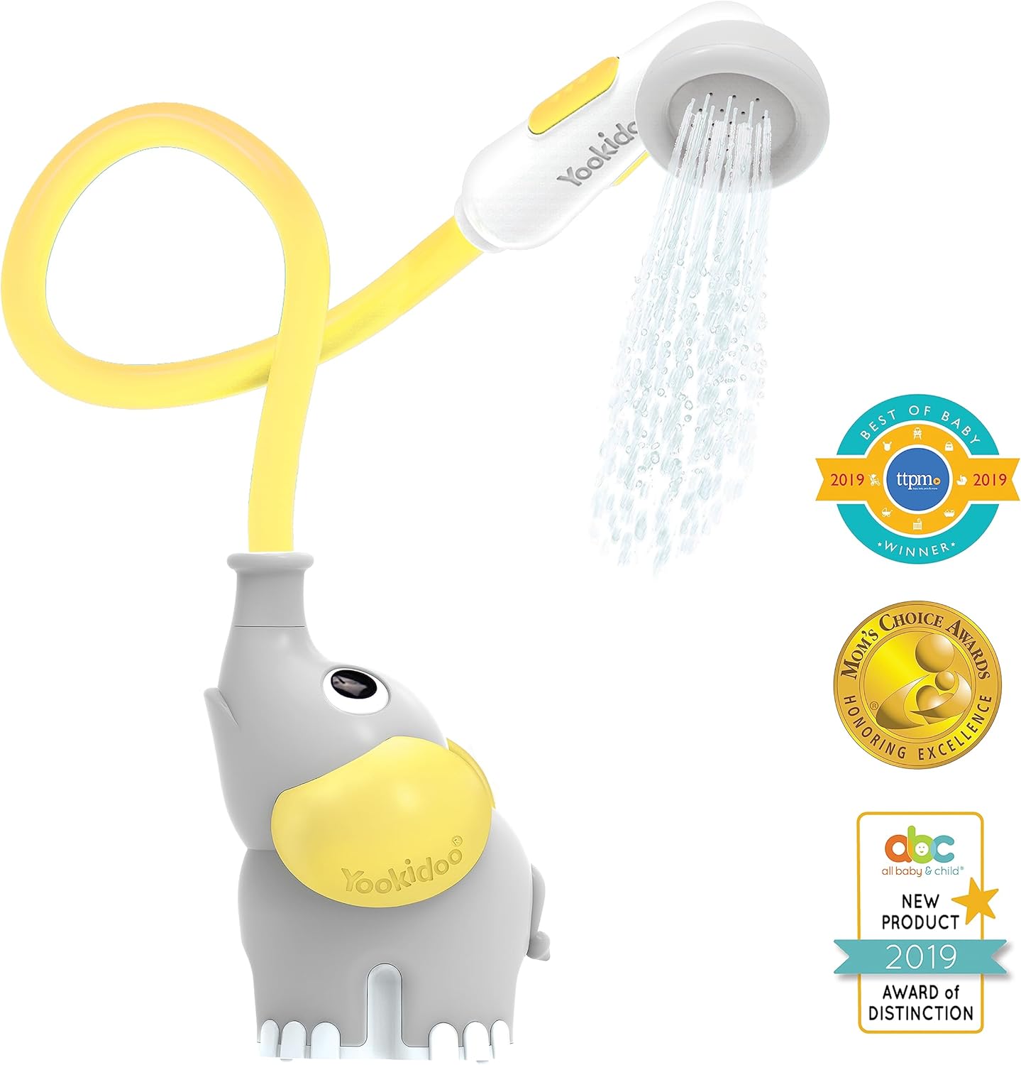 Yookidoo Baby Bath Shower Head - Elephant Water Pump and Trunk Spout Sprayer and Rinser-Control Water Flow from 2 Knobs Baby Bath Time Essentials for Newborn Babies in Tub Or Sink (Yellow)