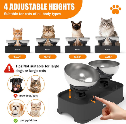 Adjustable Elevated Cat Bowls with 2 Stainless Steel Bowls 6.1”–7.3” Raised Feeding Station with 30° Tilt to Reduce Vomiting & Neck Strain, Stable Non-Slip Stand for Indoor Cats, Small Dogs & Puppies