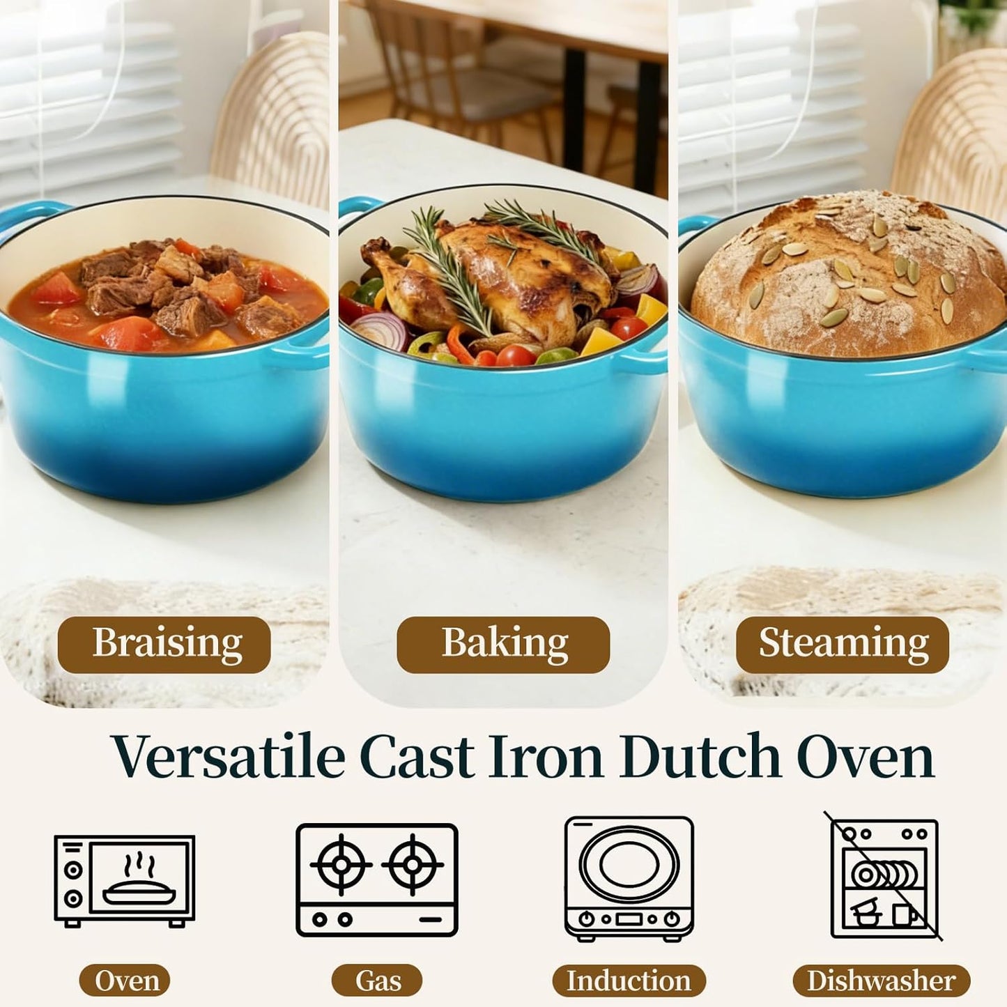 Enameled Cast Iron Dutch Oven with Lid -6.5 QT, incl. Sourdough Bread-Baking Supplies like Banneton Proofing Basket, Heavy Duty Cookware Bread-Oven for Baking, Stews, and Roasting, Sea Blue