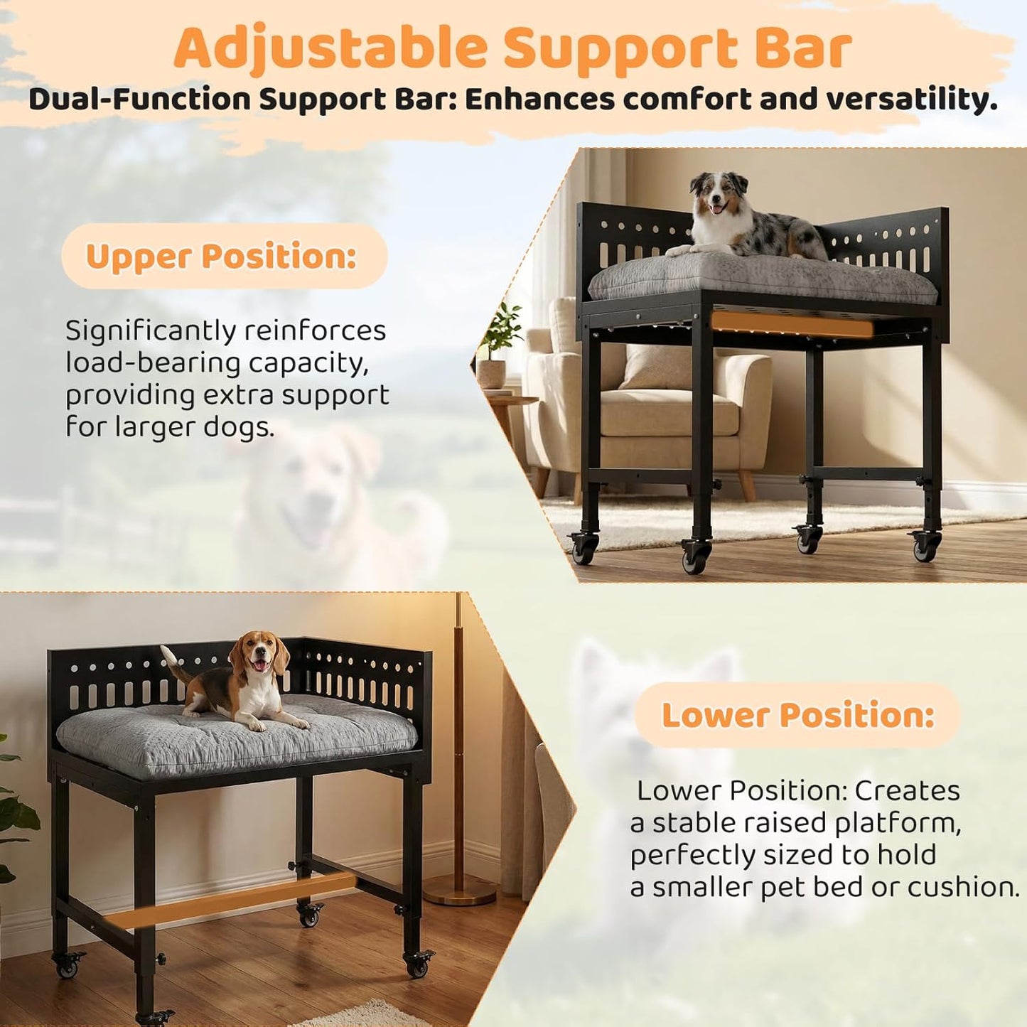 Beside Dog Bed,2 Panels Adjustable Height Dog Bunk Beds,26.8”x18.1” Metal Frame & Cushion, Converts to Bunk Bed or Bed Extension Attachment for Human Bed, for Small/Medium Dogs