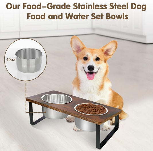 Elevated Dog Bowls for Small Medium Wood Dogs Raised Bowl Stand with 2 Stainless Steel Deep Dog Food and Water Bowls, Anti Vomit, Non-Slip Feeding Dishes(Tilted,3 inches in Height, 40oz