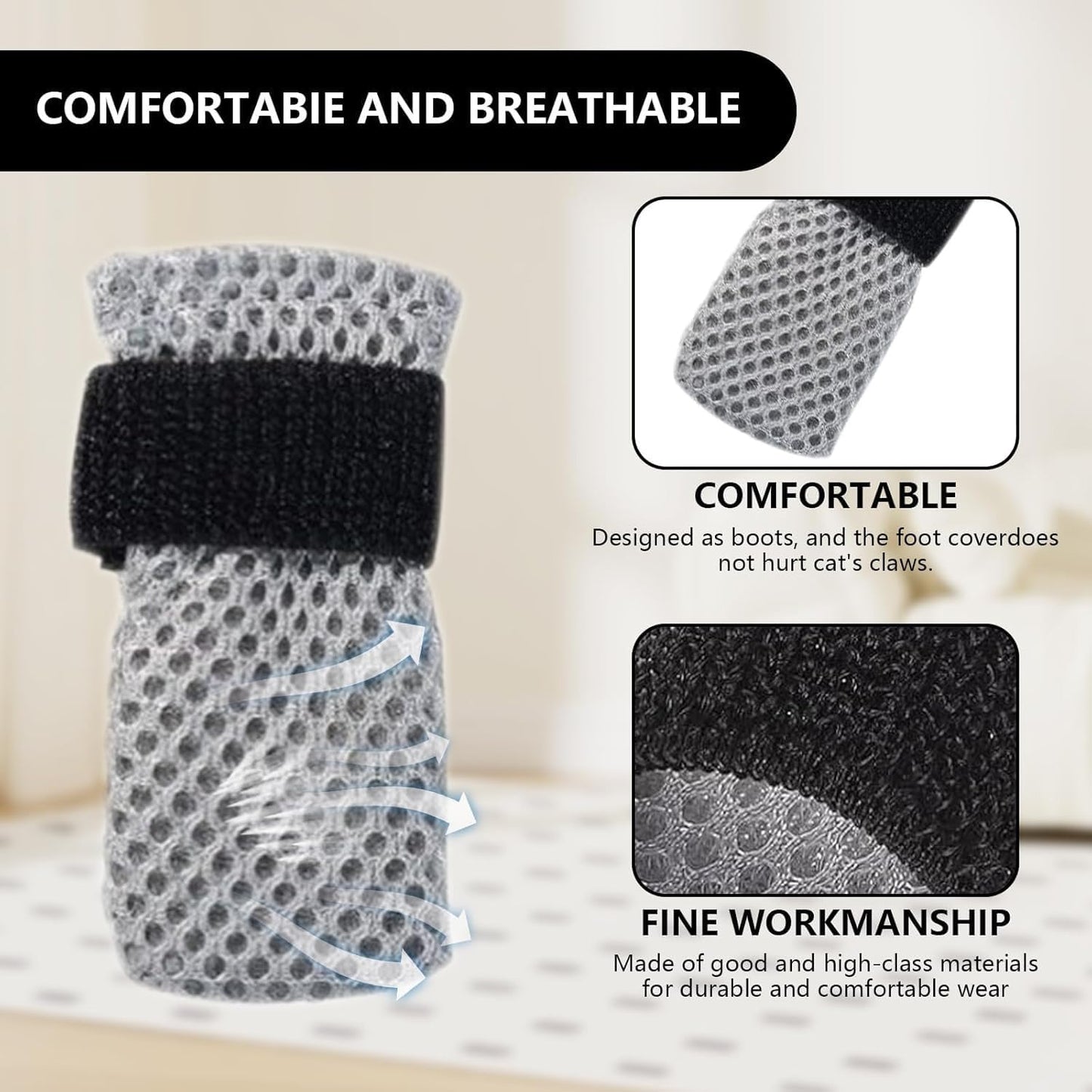 JITUIHOM 4 PCS Cat Mittens to Prevent Scratching, Adjustable Dog Booties to Prevent Scratching, Breathable Mesh Shoes, Prevent Scratches, Suitable for Bathing, Feeding and Nail Trimming (Black, M)