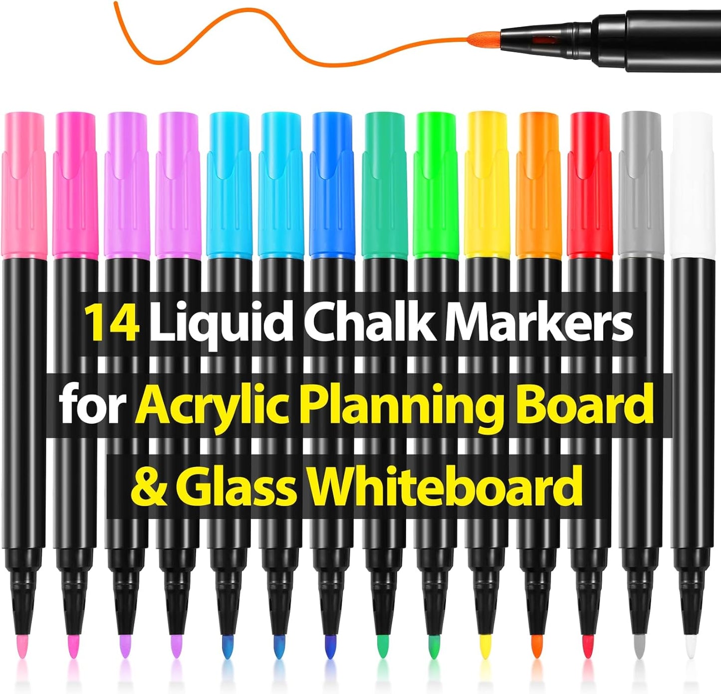 Liquid Chalk Markers for LED Drawing Note Board Acrylic Calendar Planning Board Clear Glass Dry Erase Whiteboard Window Mirror Christmas Holidays Painting, 14 Pack, 12 Vibrant Colors, 1mm Fine Points
