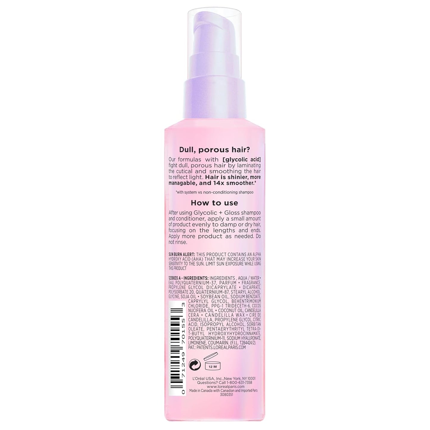 L'Oreal Paris Elvive Glycolic + Gloss High Shine Leave-In Hair Serum, Smooths Dull, Porous Hair Into High-Shine, Glossy Hair, 4.4 Fl Oz