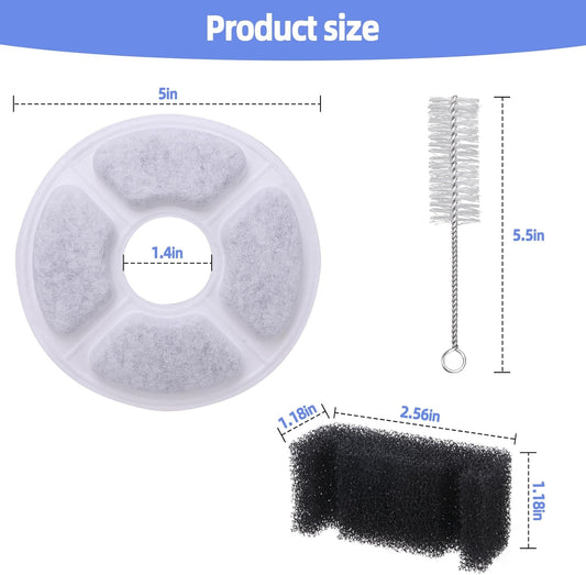 Cat Water Fountains Filter Replacement (12 Packs of Carbon Filter + 4 sponges + 1 Stainless Steel Cleaning Brush),Parts and Dog Water Dispensers Filters for 81oz/2.4L Round Pet Drinker