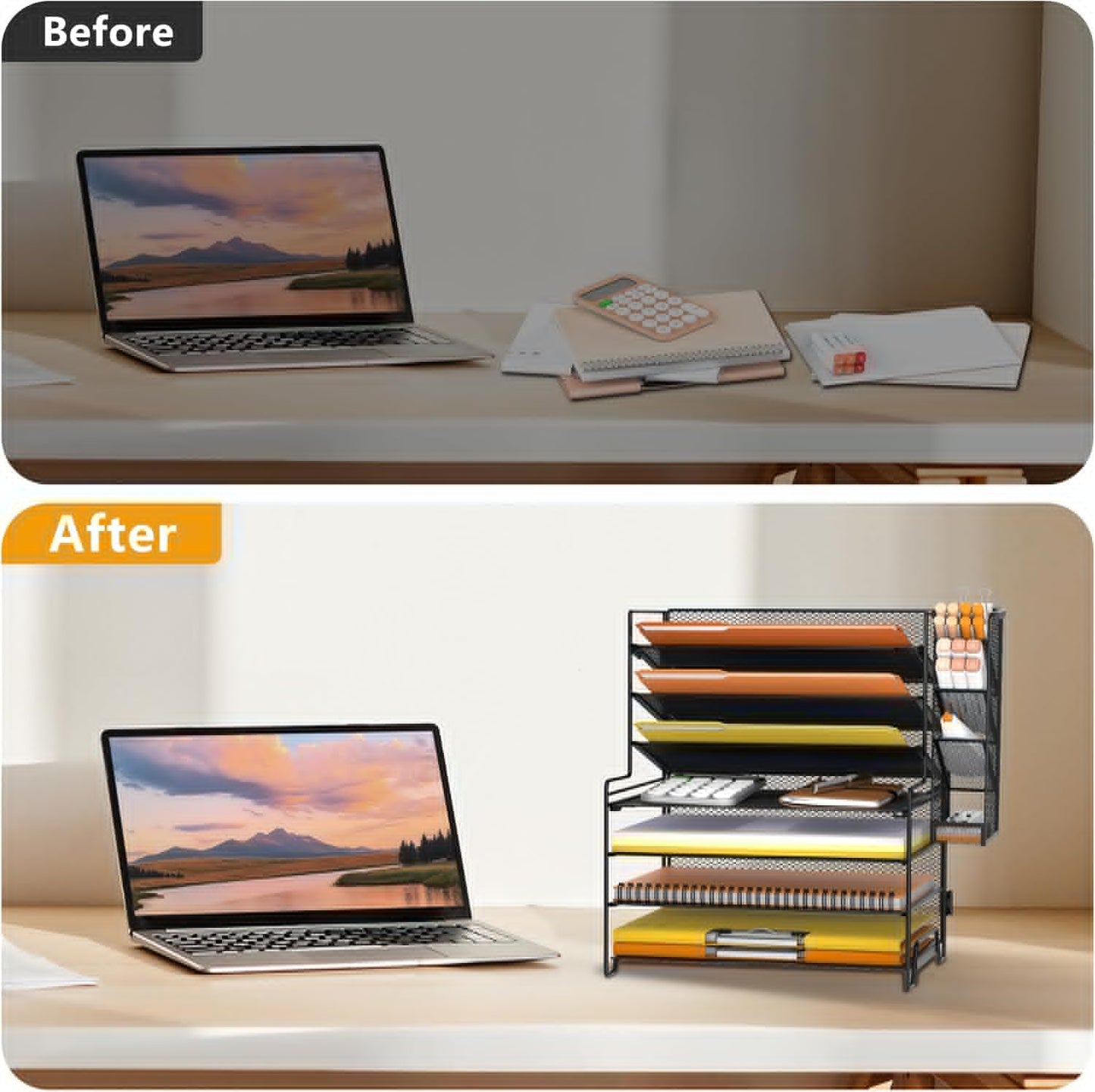 SUPEASY 7 Tier Desk Organizer, Desk File Organizer with Pen Holder, Paper Organizer for Desk, Desk Organizers and Accessories for Home Office School, Black