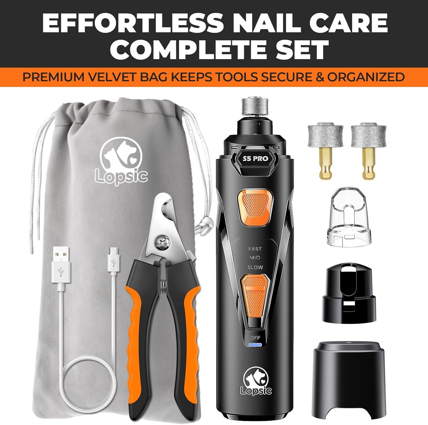 Whisper Quiet Dog Nail Grinder with LED Light, Safe & Stress-Free for Sensitive Dogs of All Breeds & Sizes, 3 Grinding Bits, 3-Speed, Pet Nail Trimmers, Rechargeable Painless Grooming Kit