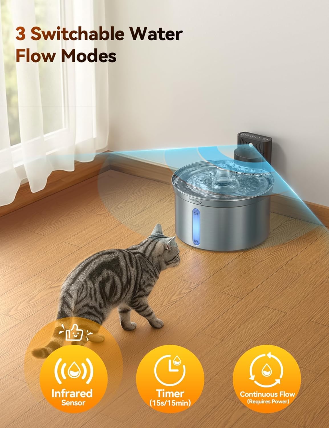 Wireless Cat Water Fountain - Safe Water-Electricity Separation, 3.5L Stainless Steel, XL Filter for Less Replacement, 4000mAh Battery, Motion Sensor & Ultra-Quiet Pump - FEELNEEDY