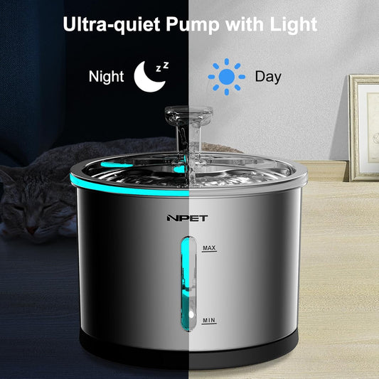 NPET WF210 Cat Water Fountain Stainless Steel, 50oz/1.5L Dishwasher-Safe Pet Water Fountain Ultra Quiet Automatic Cat Water Dispenser with Light for Cats Inside (4 Filters+Fountain(with Adapter))