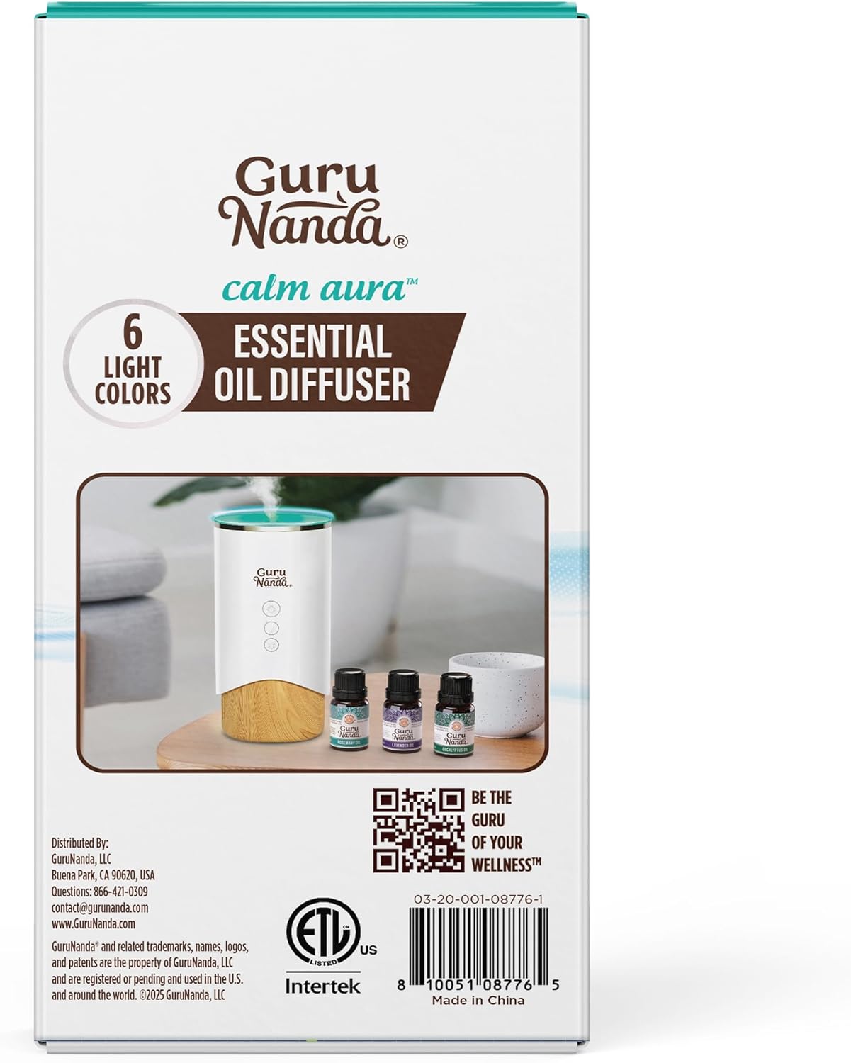 GuruNanda Calm Aura Essential Oil Diffuser, Sleek Modern Aromatherapy Diffuser with Turbo & Mist Modes, Auto Shut-Off Safety, Covers 250 Sq Ft, 100 ml