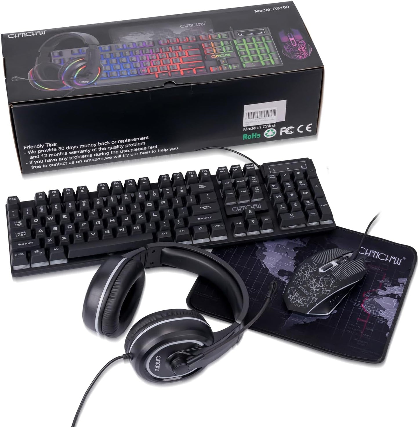 Gaming LED Keyboard Mouse Headset and Mousepad Bundle, CHONCHOW Wired Rainbow LED Light Up Gaming Keyboard Mouse Headset, Value 4 in 1 Game Set for Xbox PS4 PS5 PC Laptop Gamer