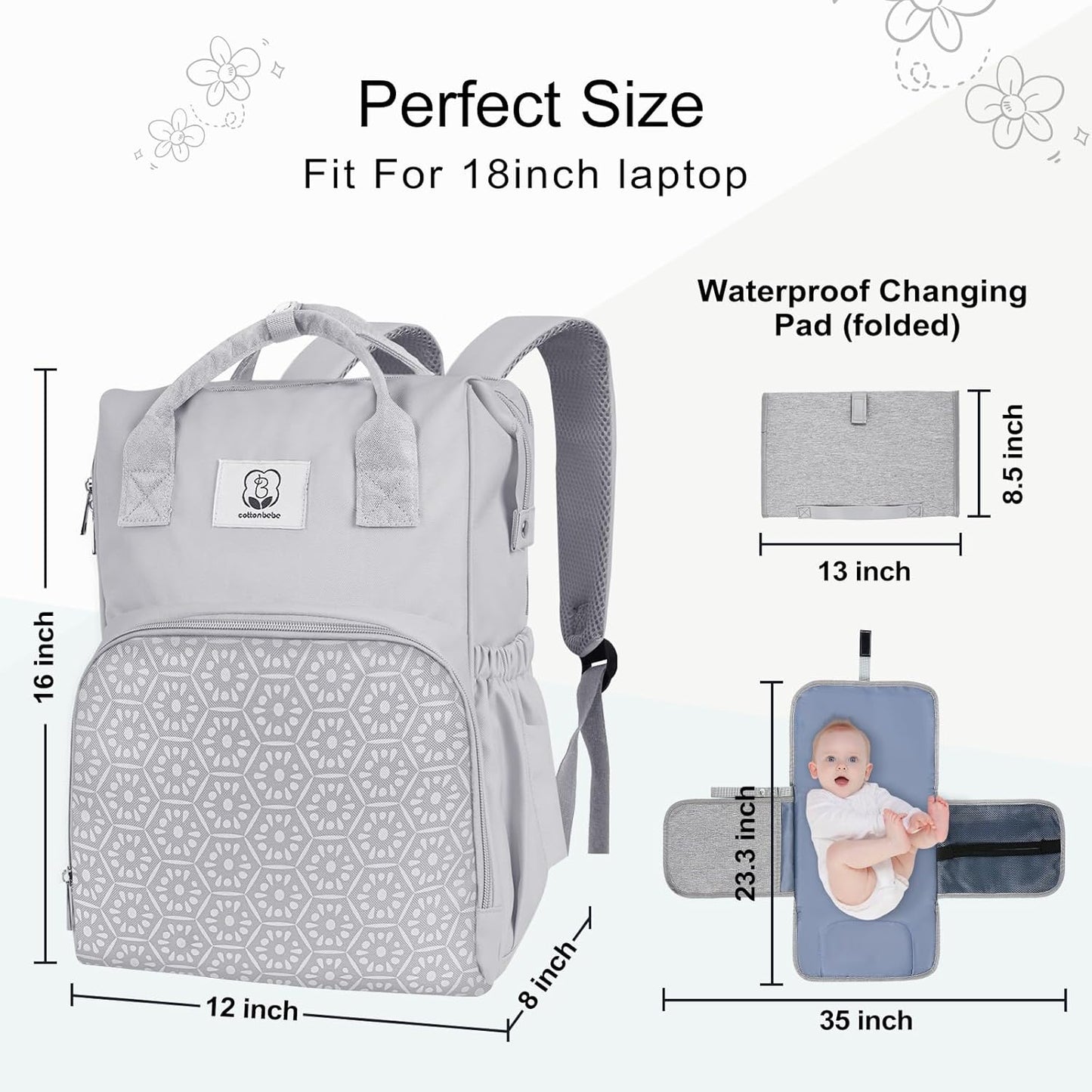 Diaper Bag with Changing Pad, Large Baby Bags Backpack with Stroller Straps & Insulated Pockets, Multifunction Waterproof Travel Diapers Back pack for Women & Man, Grey