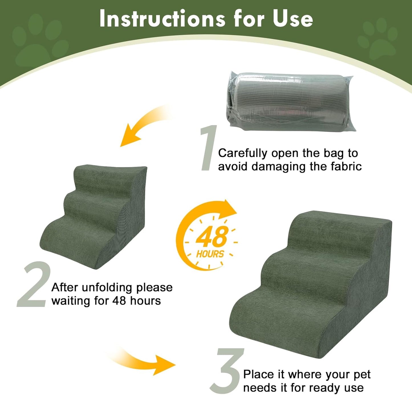 Large Dogs Stairs for Bed, Extra Wide Pet Step for Couch or Chair, 100lbs Load Capacity, 3-Step Stable & Sturdy Cat & Dog Ramp for Puppy Small Medium Senior Dog Essentials, Washable Cover,Green
