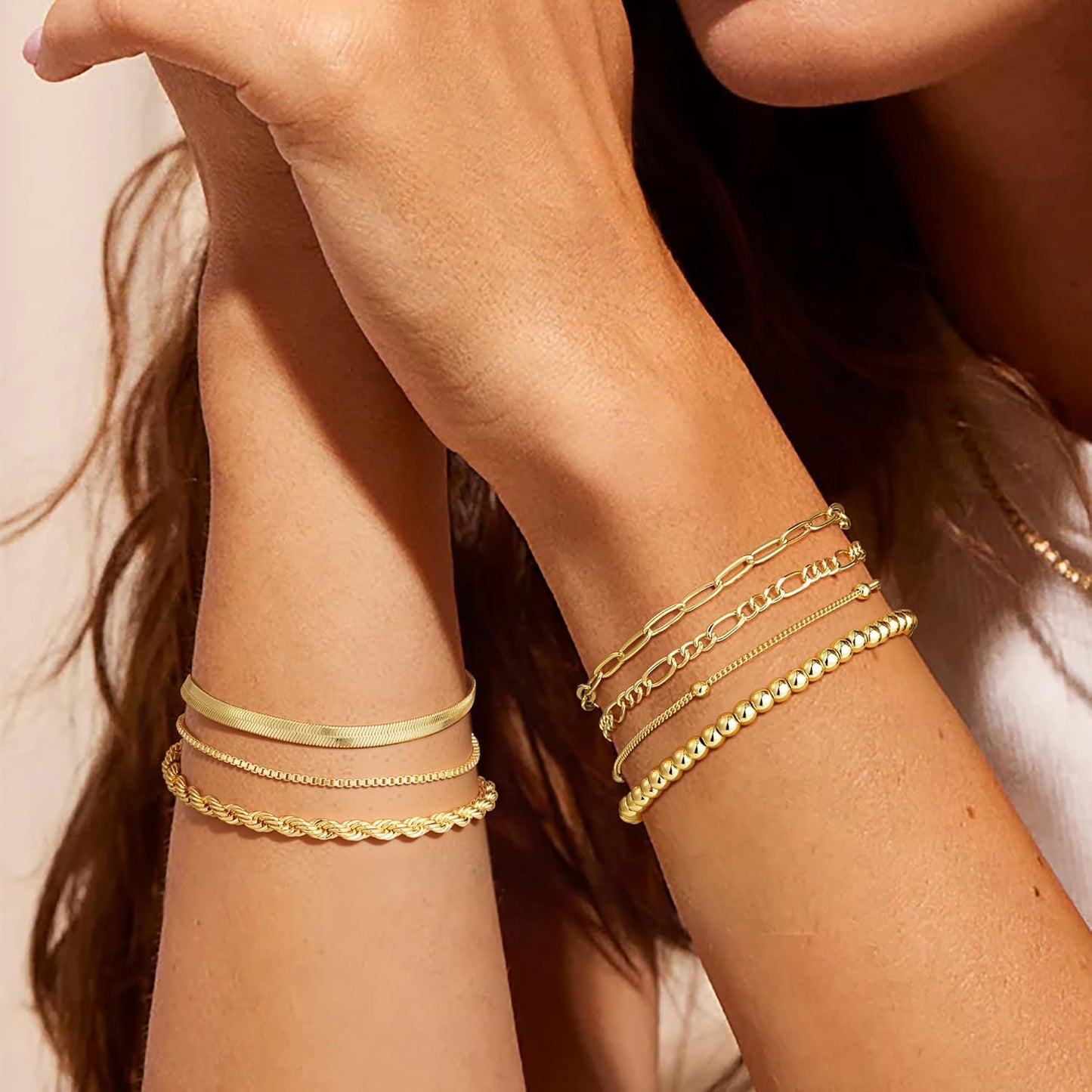 M MOOHAM Gold Bracelets for Women - 14K Real Gold Plated Beaded Bracelets Set Rope Paperclip Chain Stackable Bracelet Non Tarnish, Friendship Birthday Jewelry Gifts for Women Teen