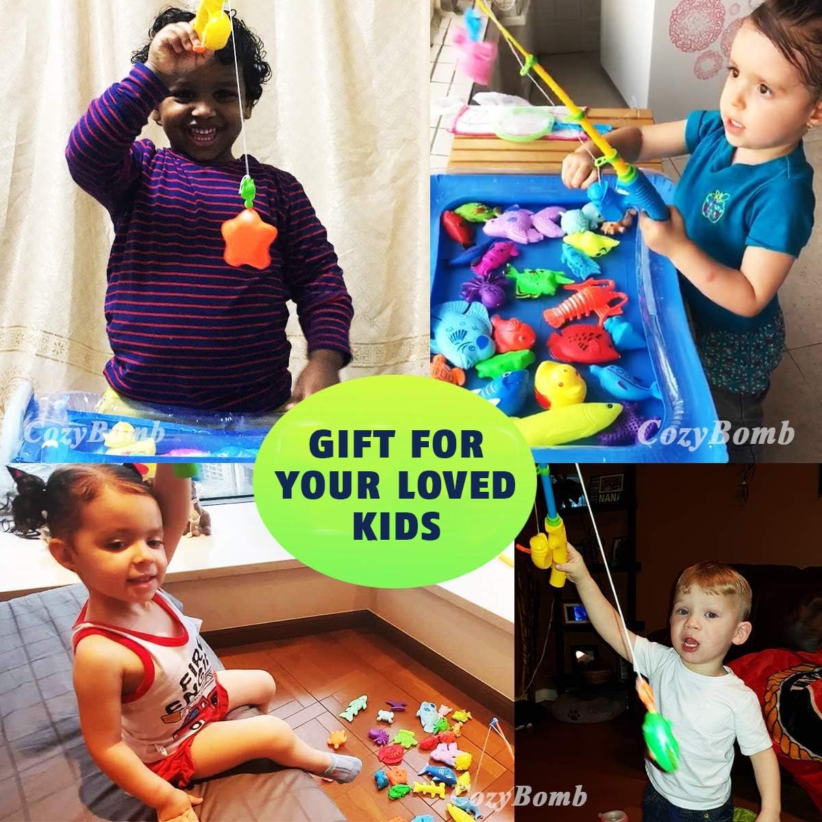 CozyBomB™ Magnetic Fishing Toys Game Set for Kids | Water Table Bathtub Kiddie Pool Party Pole Rod Net, Outdoor Plastic Floating Fish, Toddler Bath Color Ocean Sea Animals Easter Gift Age 3-5 6 4-8