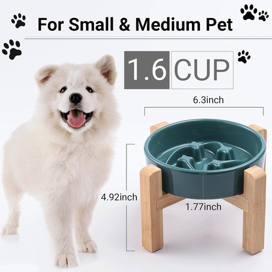 Ceramic Slow Feeder/Dog Bowl for Small Medium Dogs,Elevated/Raised Slow Feeding Dog Food Water Dish Heavy Weighted,Puzzle Eating Bowl Moder (Stars Mark-Forest Green, 8.26in)