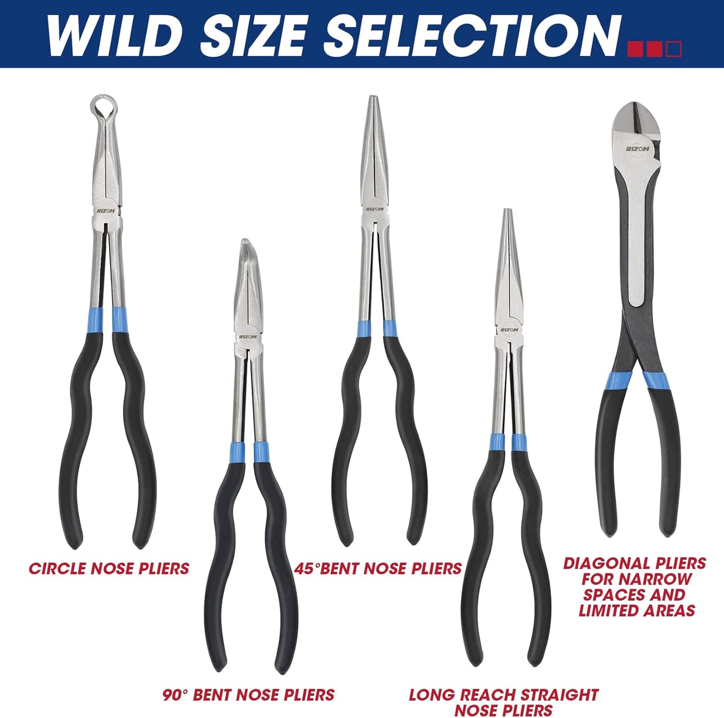 RIZOM 5-Piece 11 Inch Long Needle Nose Pliers Set, Extra Long Reach Pliers Set, 45°&90° Bent Needle Nose Pliers, Circle Nose and Diagonal Pliers for Narrow Spaces and Limited Areas