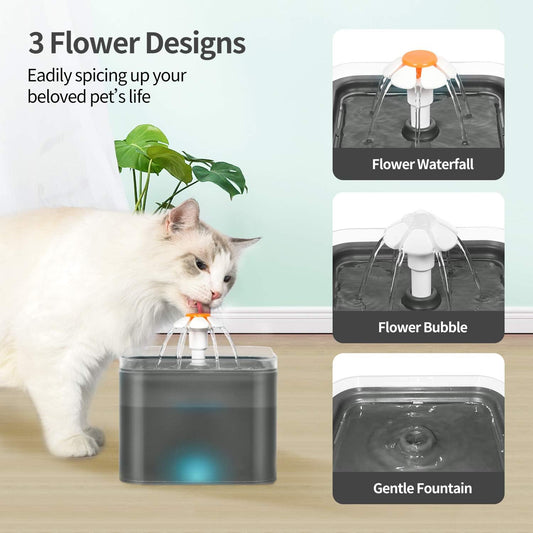 Cat Water Fountain, 67oz/2L Automatic Pet Water Fountain with Silicone Mat, Ultra Quiet Cat Water Dispenser with LED Light & Adapter for Cats Dogs Pets