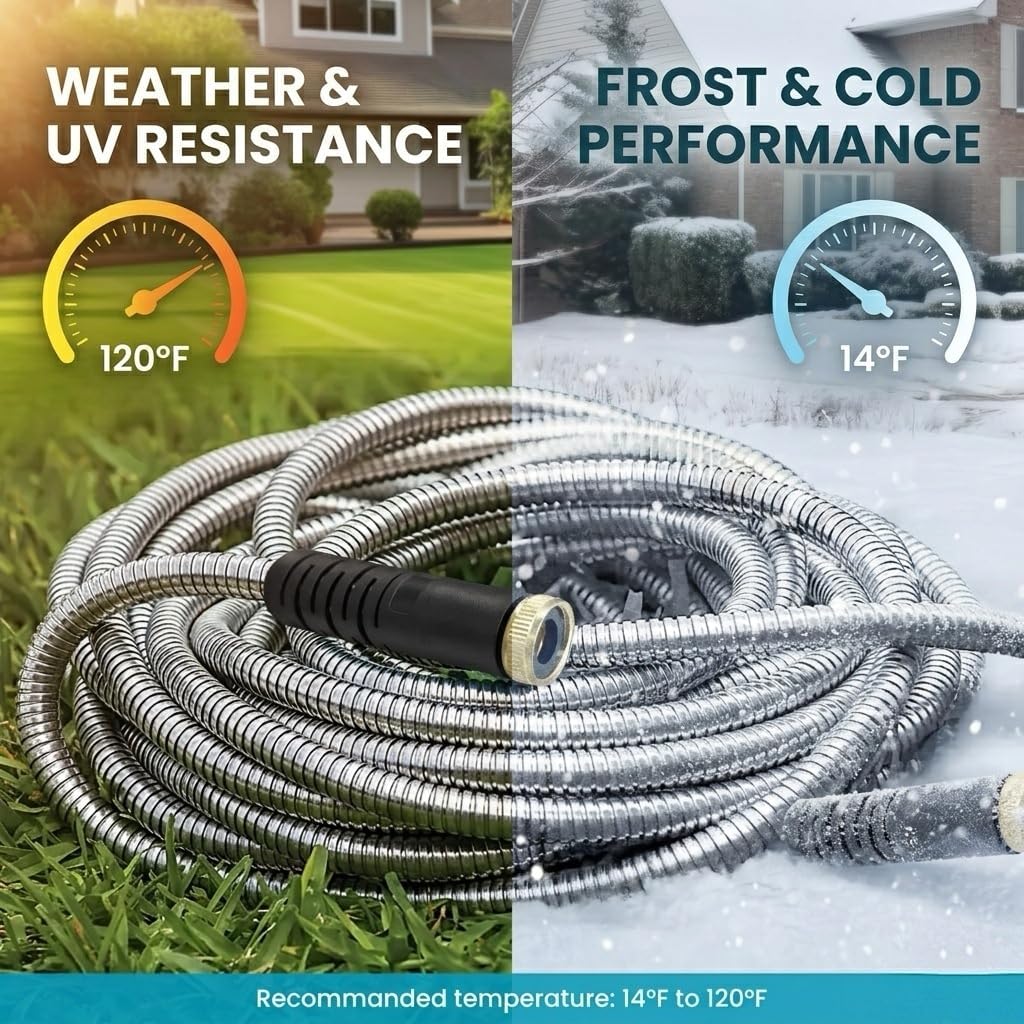 LINODI Metal Garden Hose, 100ft Stainless Steel Garden Hose – 3/4" GHT Solid Brass Connectors – Heavy Duty Flexible Metal Water Hose with 10-Way Spray Nozzle – Kink-Free Watering Kit