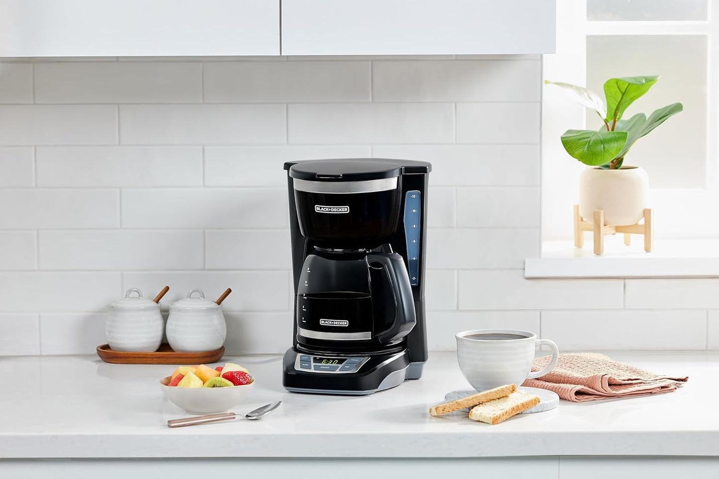 BLACK+DECKER 12-Cup Digital Coffee Maker, Programmable, Washable Basket Filter, Sneak-A-Cup, Auto Brew, Water Window, Keep Hot Plate, Black