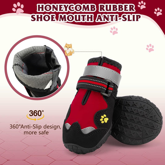 Dog Shoes for Large Dogs, 360°Anti Slip Medium Dog Boots & Paw Protectors Winter Snowy, Waterproof 4Pcs Dog Booties with Reflective Strips (Size 7: 2.76''x3.27''(W*L), Red)