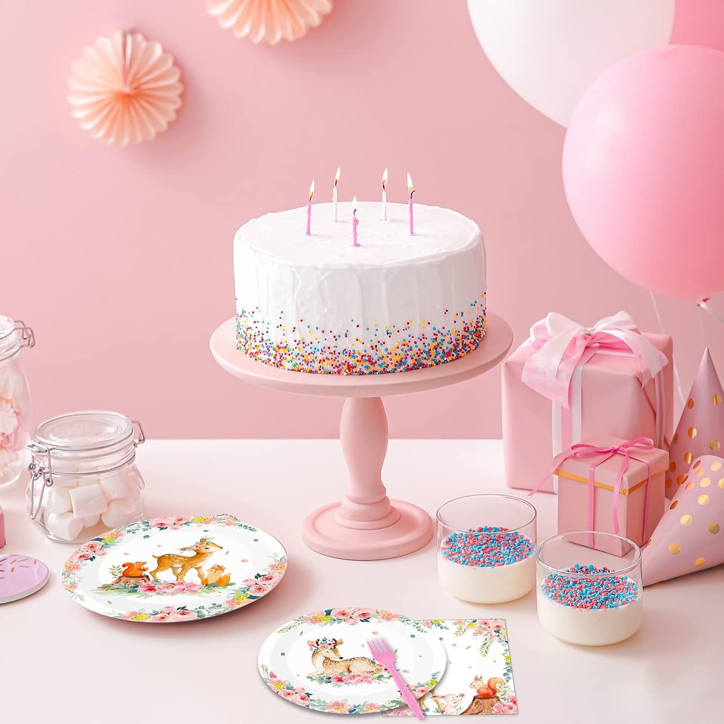 Tevxj 96PCS Woodland Baby Shower Tableware Set Girls Pink Safari Dinnerware Disposable Plates Woodland Party Plates Napkins Forks for Forest Animal Deer Flower Party Decorations Supplies 24 guests