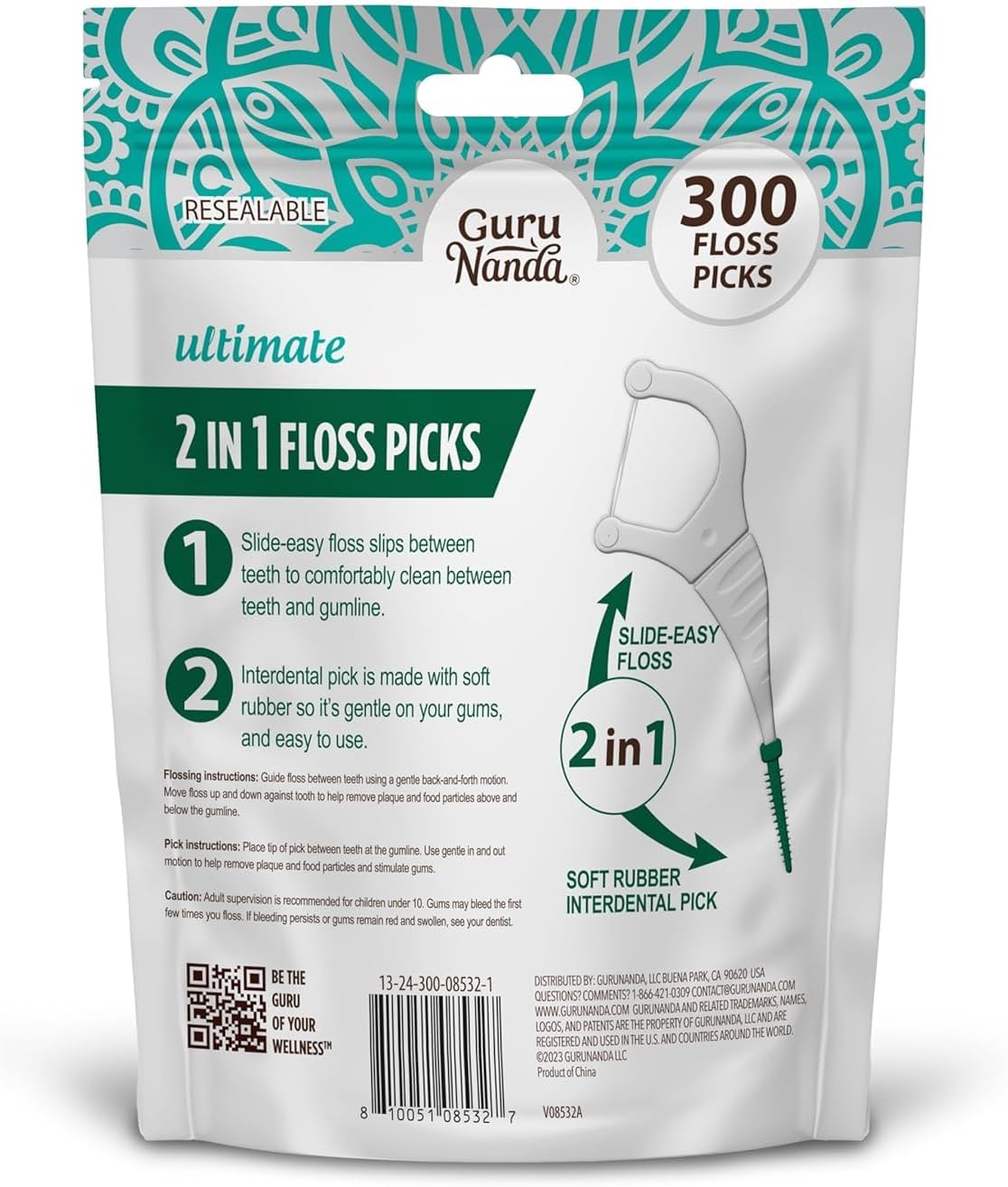 GuruNanda 2 in 1 Dental Floss Picks for Oral Care, PFAS Free – Non-Slip Grip, Slide Easy, No Break or Shred Flosser with Interdental Pick for Healthy Teeth & Gums – Mint Flavor, 300 Count (1 Pack)