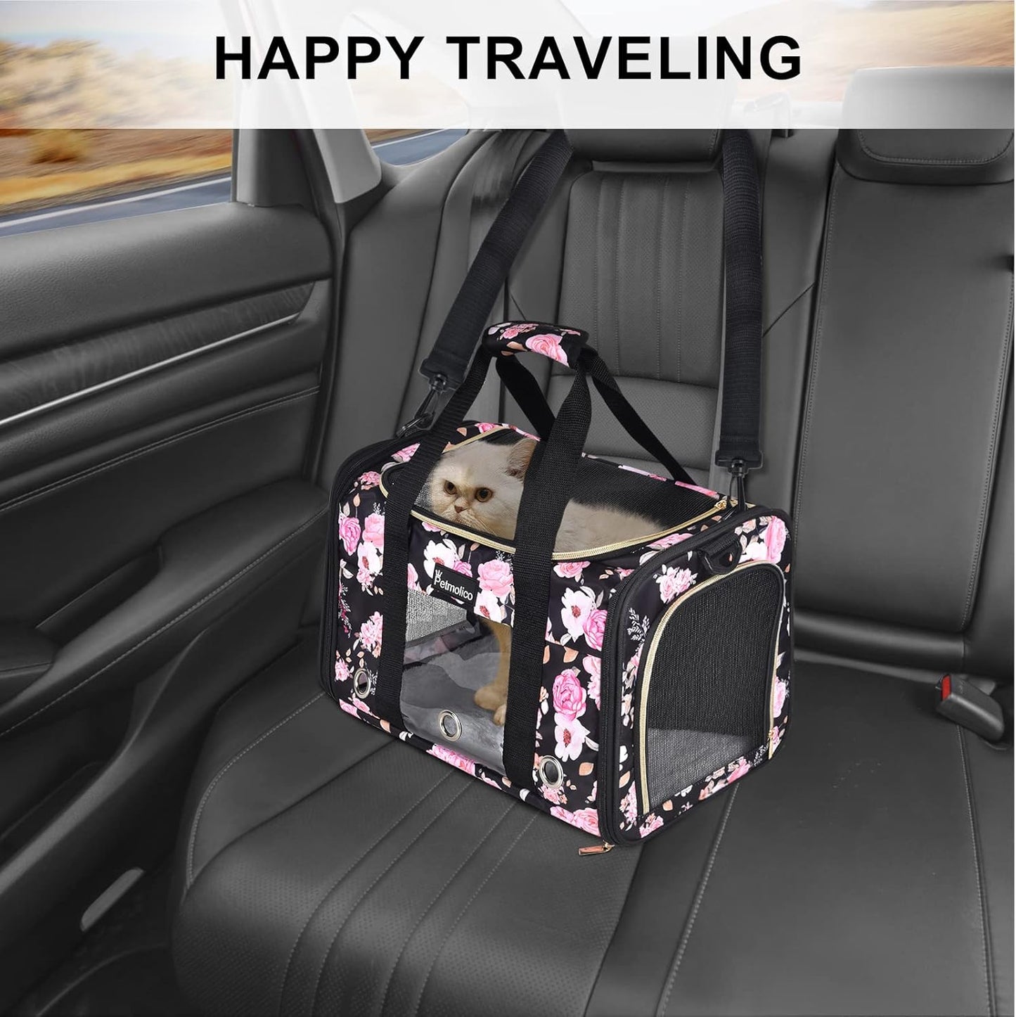 Petmolico Cat Carrier Soft-Sided Pet Bag for Small Medium Cats Puppies 16LBs - Airline Approved Pet Travel Carrier 3 Open Doors (Medium,Pink Peony)