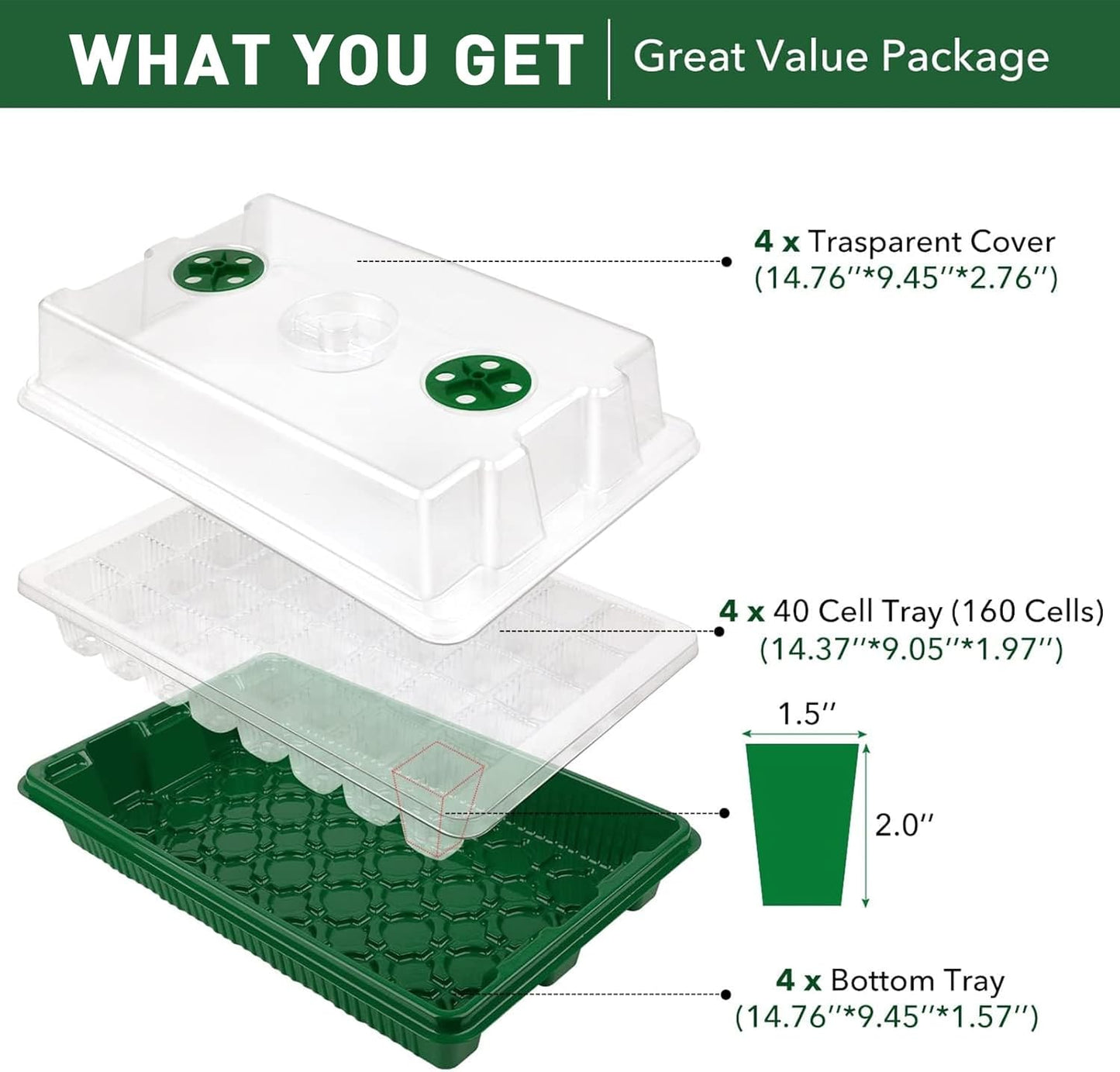 YAUNGEL Seed Starter Tray, Super Thicken 160 Cells Seed Starter Kit with Humidity Dome Durable Seeding Starting Trays for Greenhouse Germination Trays Green, 4 Pack