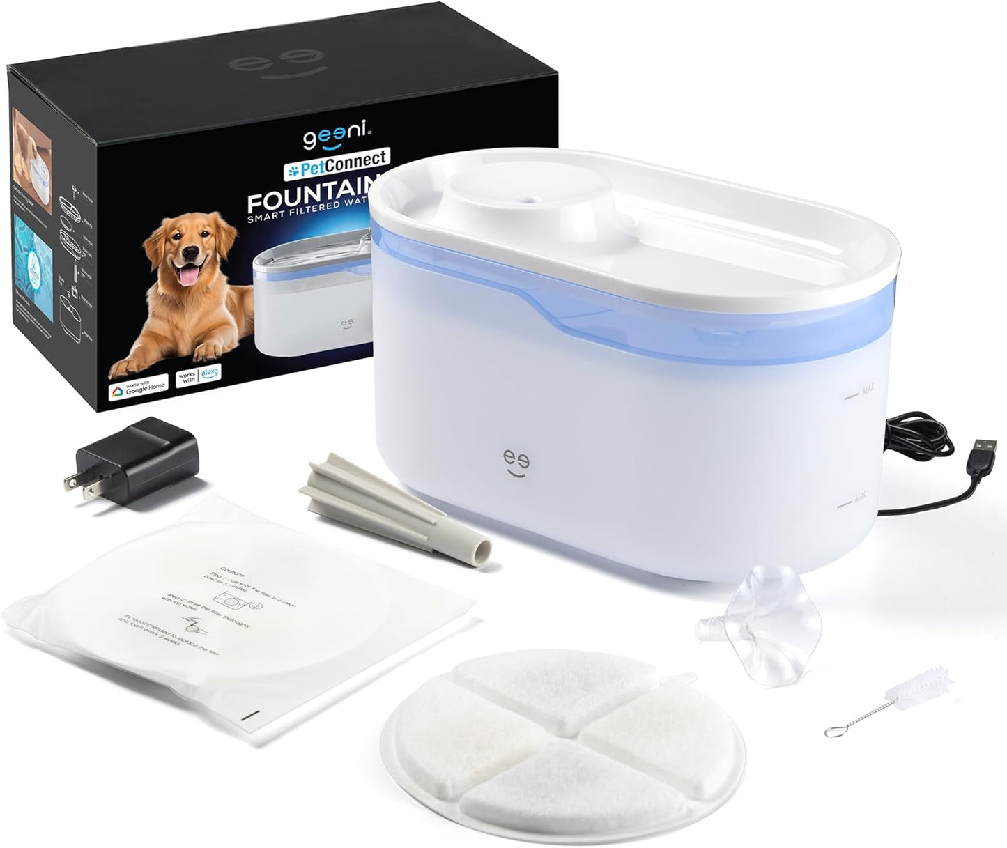 Geeni PetConnect 2.6L Smart Pet Water Fountain, Automatic Filtered Water Bowl for Cats and Dogs, Wi-Fi Controlled, Alexa & Google Home Compatible, Clean and Fill Alerts, White