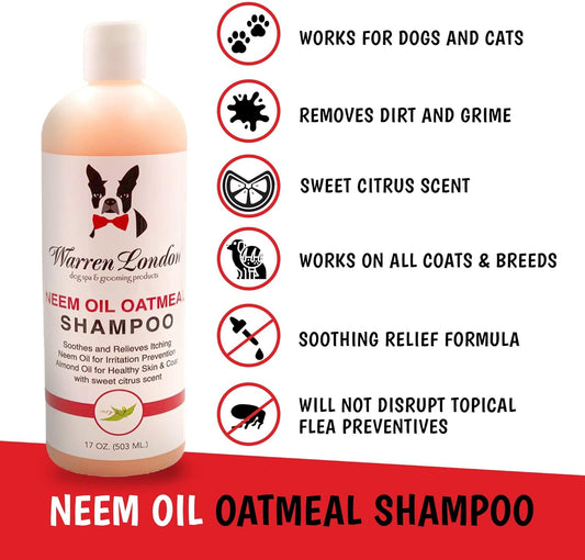 Warren London Neem Oil with Oatmeal Dog Shampoo - Deep Cleansing & Moisturizing for Sensitive Skin - Itch Relief & Odor Control - Made in USA - 17 oz