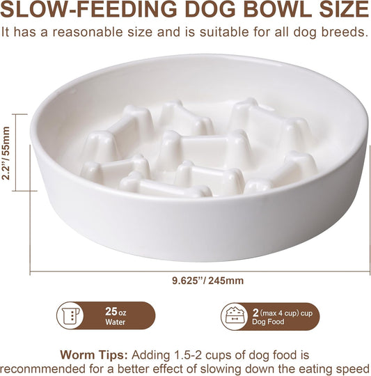 Ceramic Slow Feeder Dog Bowl, 1.5 Cup Dog Food or 20oz Water, Slow Eating Bowl for Small Breed, Maze Puzzle Feeder for Fast Eaters, Anti-Choking Stop Bloat, Non-Slip BPA Free (White Bone)