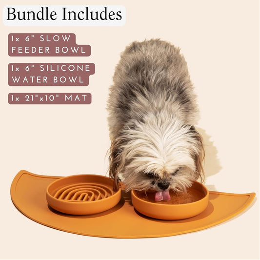 Should We Go? Silicone Pet Feeding Set - Slow Feeder Bowl, Waterproof Food Mat & Non-Spill Water Bowl - Non-Slip, Easy-to-Clean, Dishwasher Friendly for Dogs & Cats, Small-Terracotta