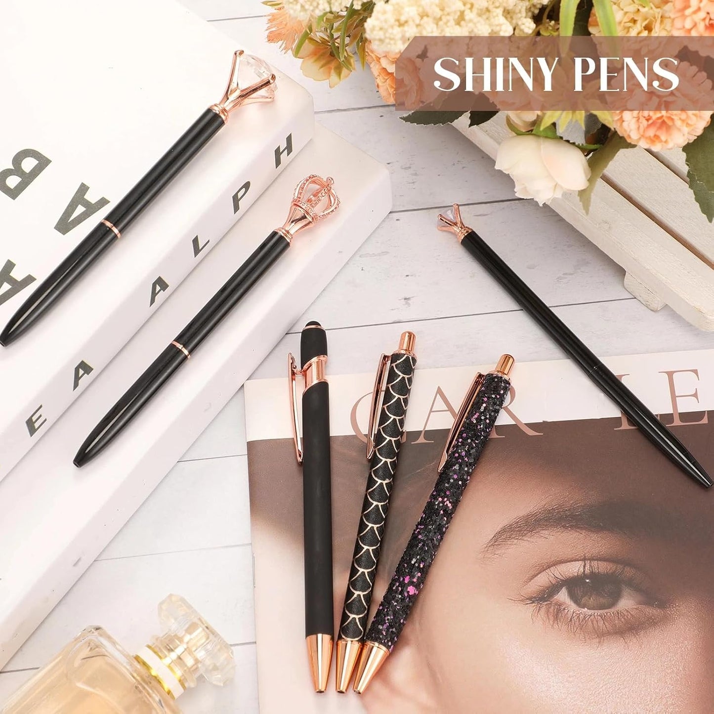 6 Pcs Ballpoint Pens Set Metal Crystal Diamond Pen for Journaling Glitter Pretty Cute Stationery Black Ink Fancy Gifts for Women Girls Teacher Office Wedding School Supplies(Black)