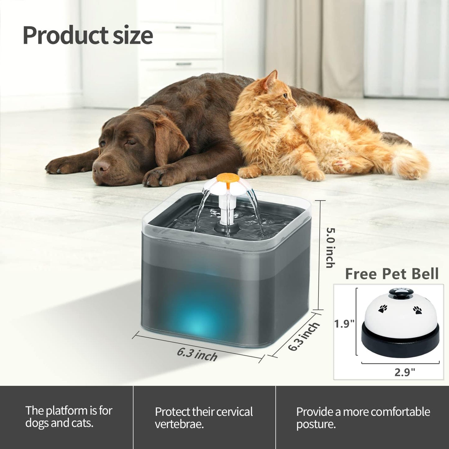 Cat Water Fountain with Adapter, 67oz/2L Ultra Silent Cat Fountain, Automatic Square Drinking Fountain with Filter, LED Light and Pet Bell for Cats Dogs Birds