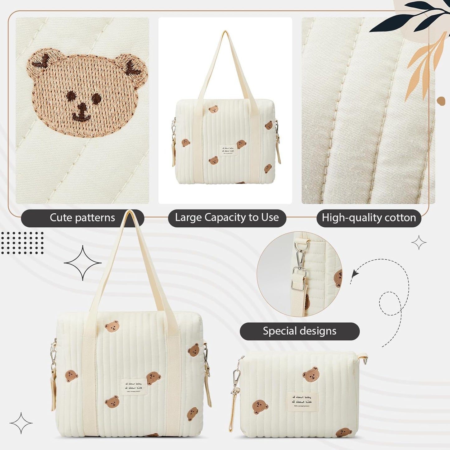 Paterr 2pcs Quilted Diaper Bag Tote Set Multifunction Cotton Maternity Hospital Bag Overnight Travel Handbag for Women Nurse
