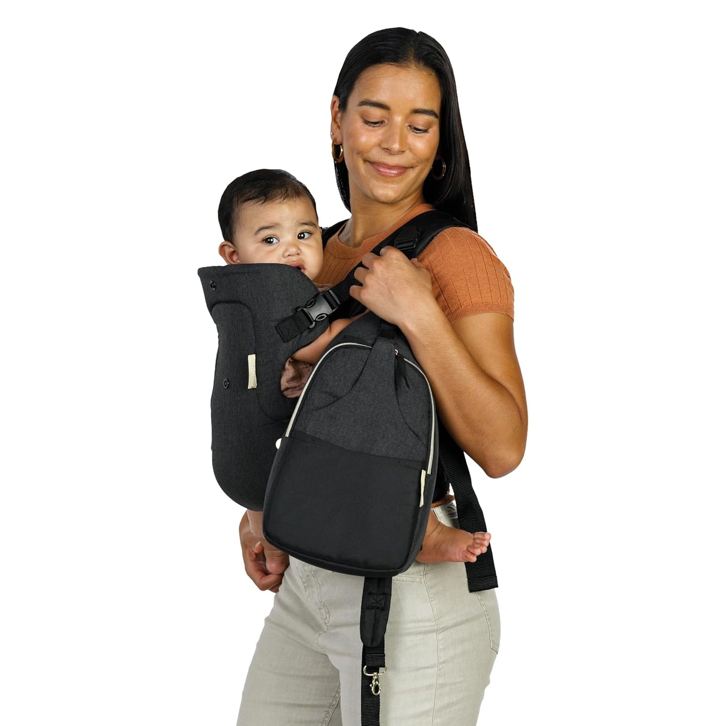 The Infantino Flip 4-in-1 Convertible Baby Carrier & Crossbody Diaper Bag - Grow-with-Me Carrier with Attachable Crossbody Diaper Bag, Black and Gold, 2-Piece Set
