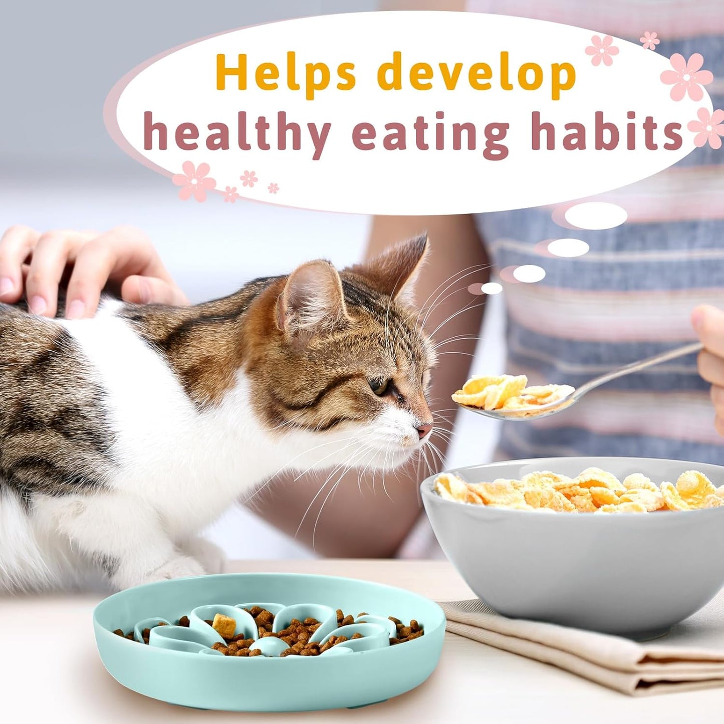 2 Pcs Cat Slow Feeder Bowl Cute Cat Food Bowl with Bloom Design Healthy Eating Diet Interactive Feeder Wet Dish for Pets Small Dogs(Pink, Green)