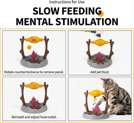 Cat BBQ Toy,11" High Cats Treat-Dispensing Slow Feeder,Pets Dry Food Dispenser,Cats Slow Feeding Snack Bowl, Grilled Fish Spinning Toy, Food Puzzle Cat Toy