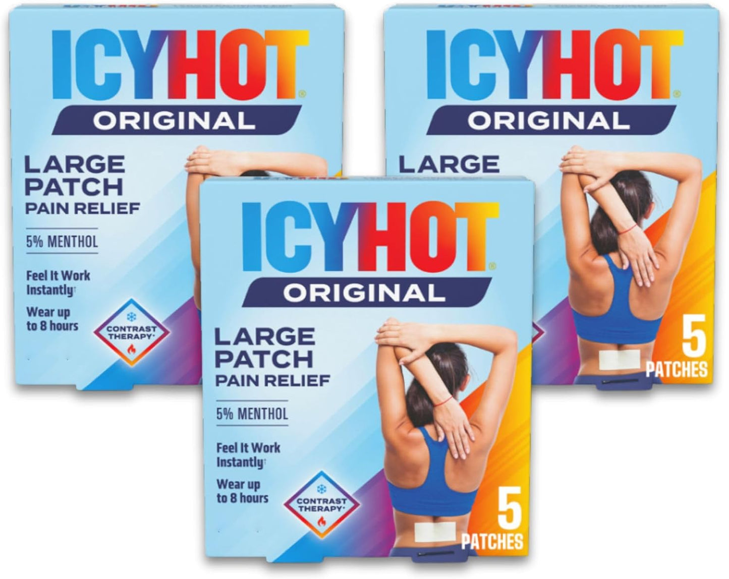 Icy Hot Original Pain Relief Patch, Large Size Comfortable Fabric Patches with Menthol 5%, Ice and Heat Contrast Therapy for Backaches, Joints, Muscle Strains and Arthritis, 5 ct., 3 Pack