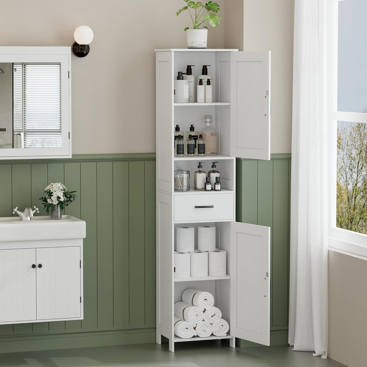 Homhedy 67" H Tall Bathroom Storage Cabinet with 2 Barn Doors and 1 Drawer, Narrow Storage Unit, Adjustable Shelves, Floor Cabinet for Bathroom, Living Room, Entryway, Kitchen, White, (15.7" W)