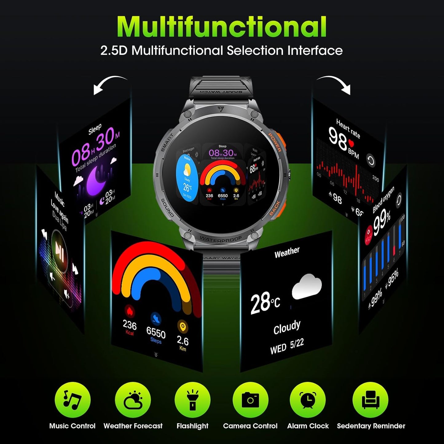 Military Smart Watches for Men, 1.85" HD Large Screen Smart Watch, Flashlight/730mAh/110+ Sports Modes Fitness Tracker Watch, Waterproof Mens Smart Watch for Android Phones iPhone Compatible