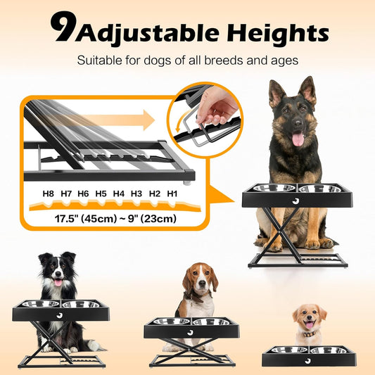 Joytale Metal Stand Elevated Dog Bowls, Heavy Duty 9 Adjustable Height from 9" to 17.5" Dog Food Stand, 2 Stainless Steel Bowls, Non-Slip and Non Spill Raised Food & Water Station for Large Breeds