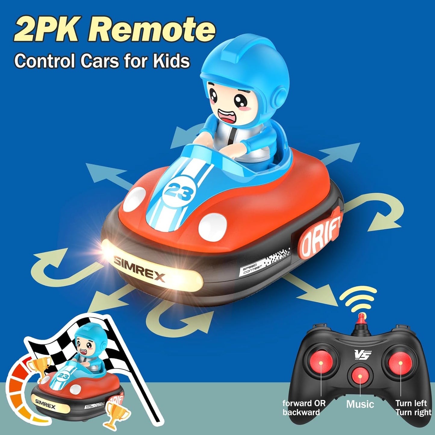SIMREX Remote Control Bumper Cars for Kids - 2 Player Battle Set with Lights & Music, Toy RC Car for Toddlers Boys Girls Ages 3-8, Christmas Birthday Gift for Boys Girls