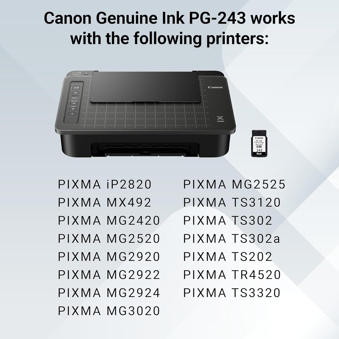 Canon PG-243 Genuine Black Ink Cartridge, Compatible with iP2820, MX492, MG2420/2520/2920/2922/2924/3020/2525, TS3120/302/302a/202/4520/3320
