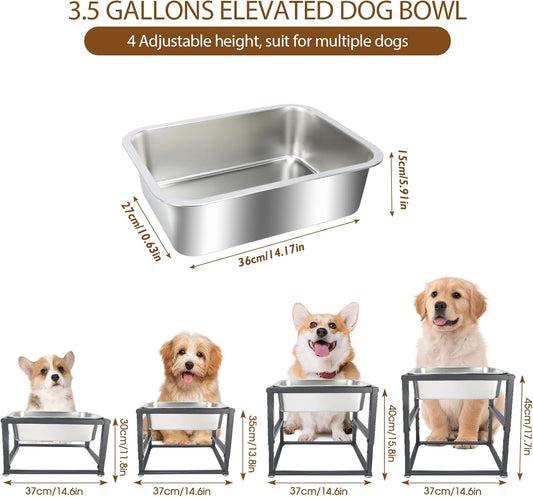 Elevated Dog Water Bowl 3.5 Gallons, 4 Height Adjustable Raised Dog Bowl Stand, Non-Slip, Stainless Steel Food & Water Feeding Bowls for Large Breed