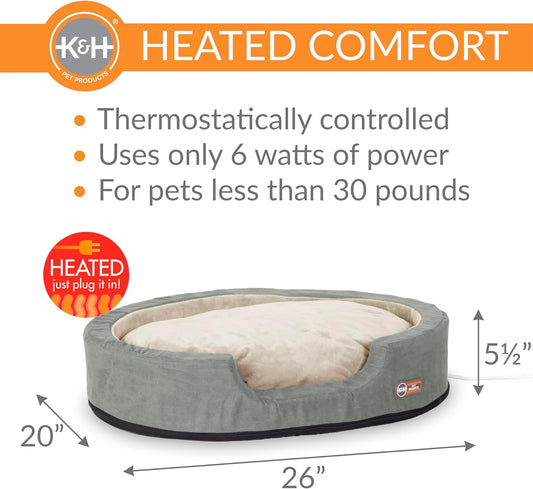K&H Pet Products Heated Dog Bed Indoor, Thermo-Snuggly Sleeper with Removable Waterproof Heated Pad, Calming Pillow Pet Bed, Machine Washable, Safety Listed - Medium 26 X 20in Sage/Tan