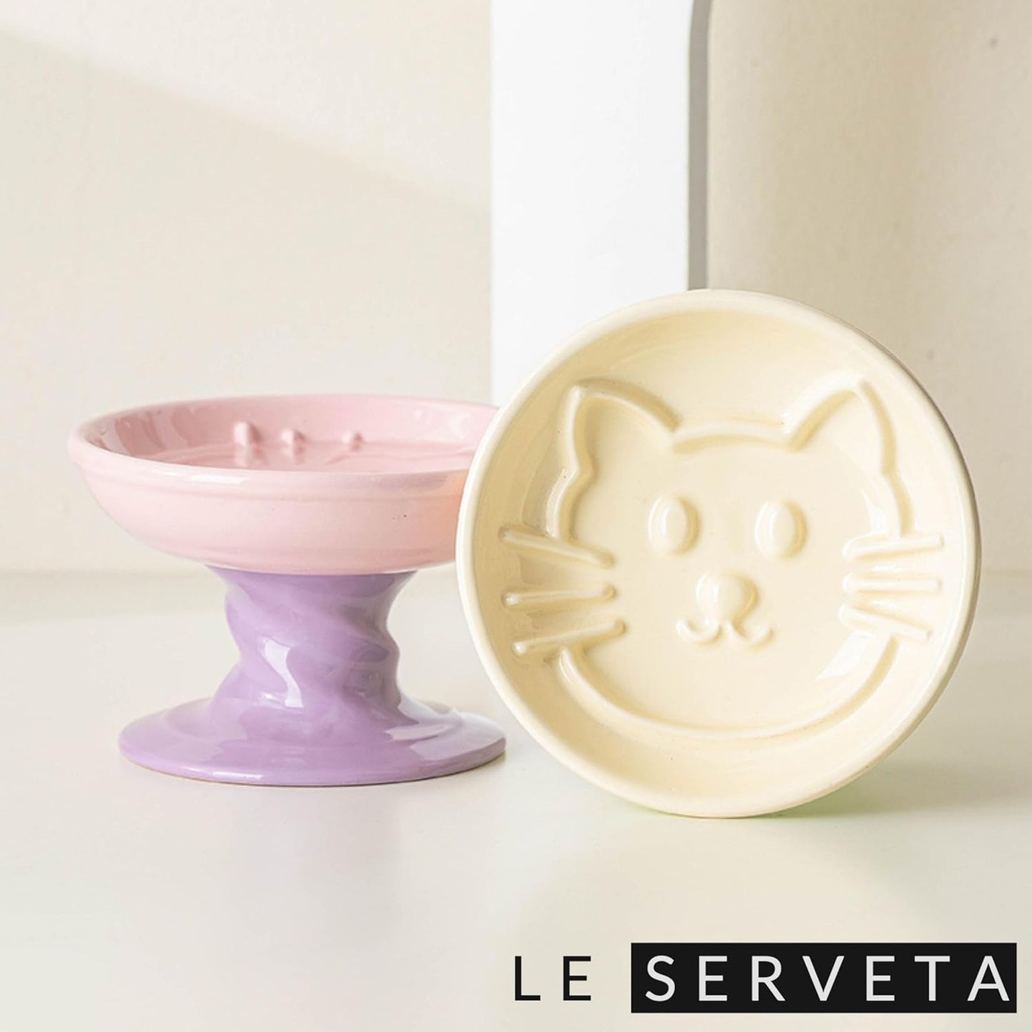 Elevated Twisting Design Cat Food Slow Feeder, Ceramic Raised Cat Dishes with Decorative Twisting Design Stand, Macaron Colors, Slow Feed Design (Blue)