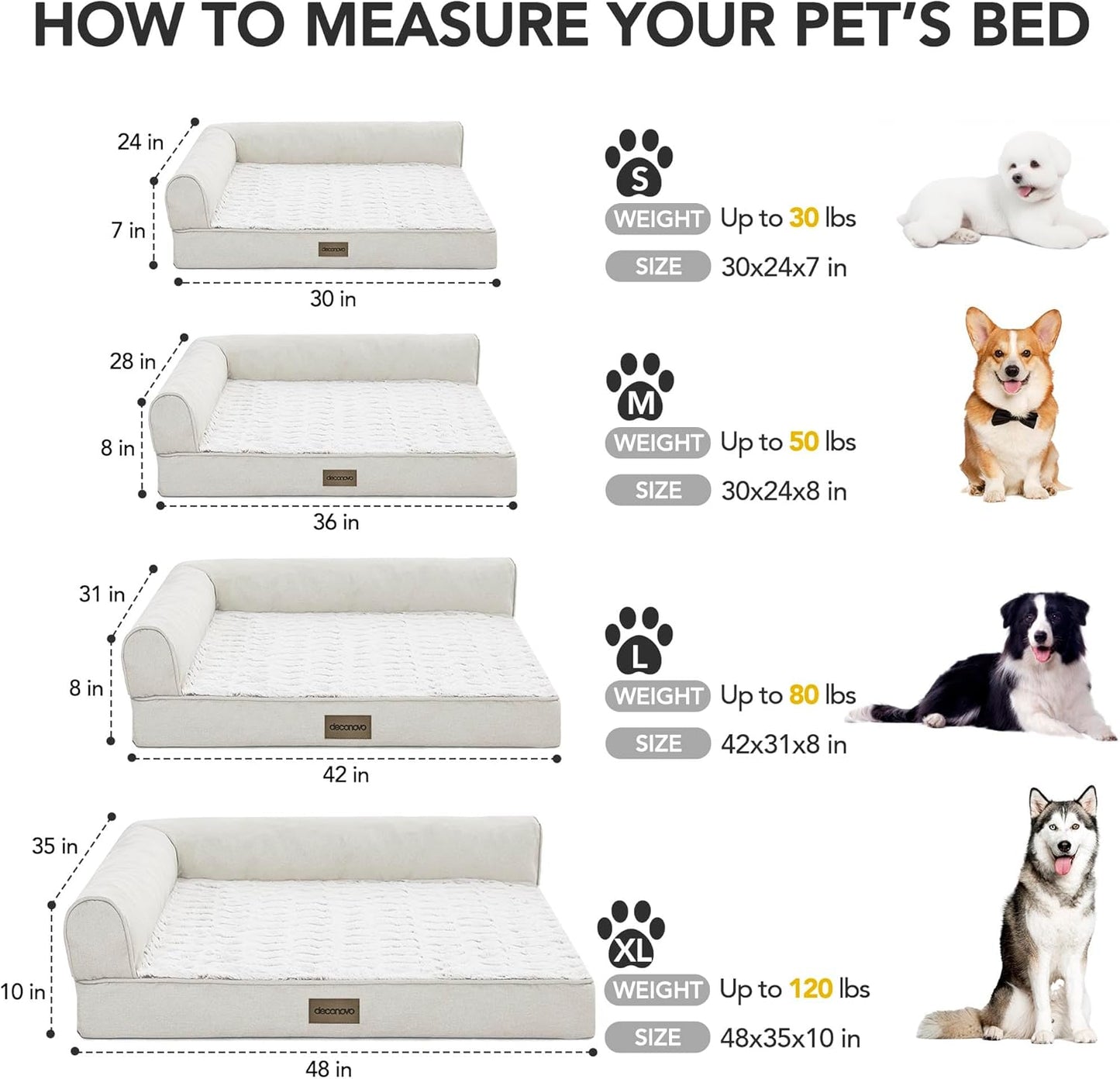 Deconovo Sofa Dog Bed with L-Shape Bolster, Supportive Eggrate Foam, PV Velvet Top, Anti-Slip Waterproof Bottom, Zippered Washable Cover, Large Dogs & XL Options, Beige, 42x31x8 Inches